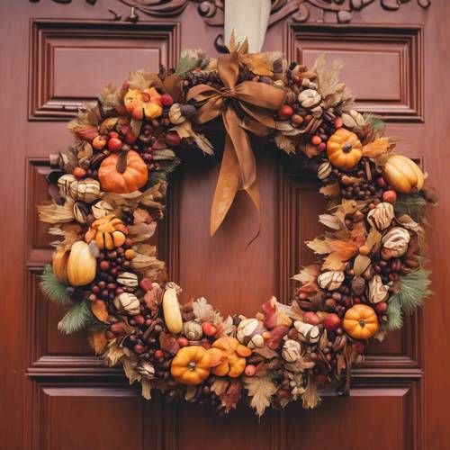 Une couronne sur le thème de Thanksgiving avec des fruits secs, des bâtons de cannelle et des feuilles d&#39;automne accrochée à une porte d&#39;entrée.