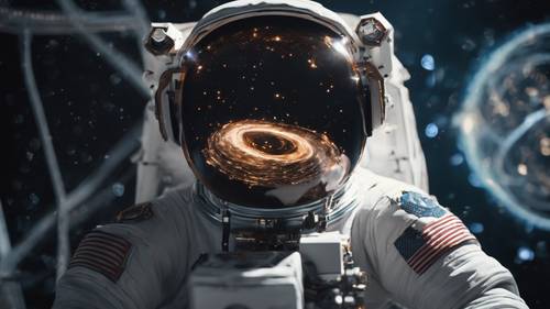 An astronaut in space analysing a complex mathematical model of a black hole.