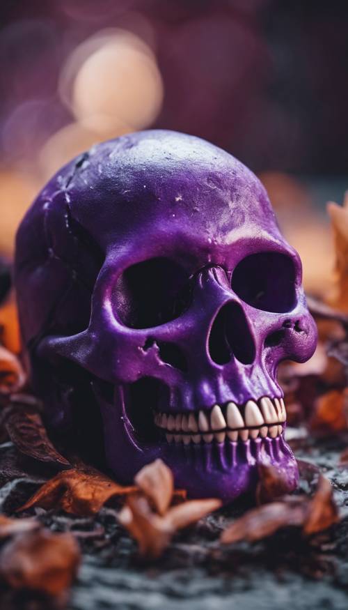 Eine Halloween-Szene mit einem gruseligen lila Totenkopf