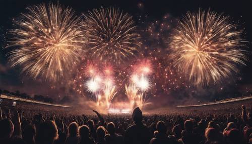 A dazzling fireworks display lighting up a pitch-dark sky above a cheering crowd.