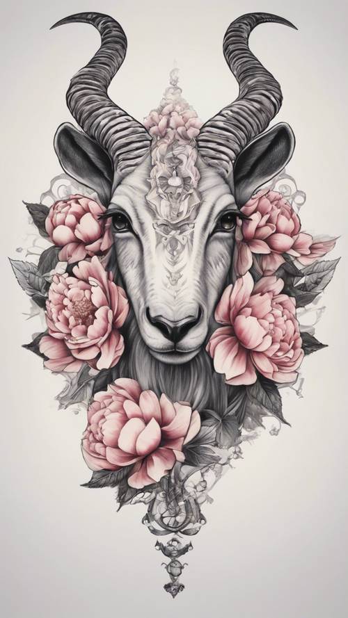 A Capricorn tattoo with peony flowers on a thigh.
