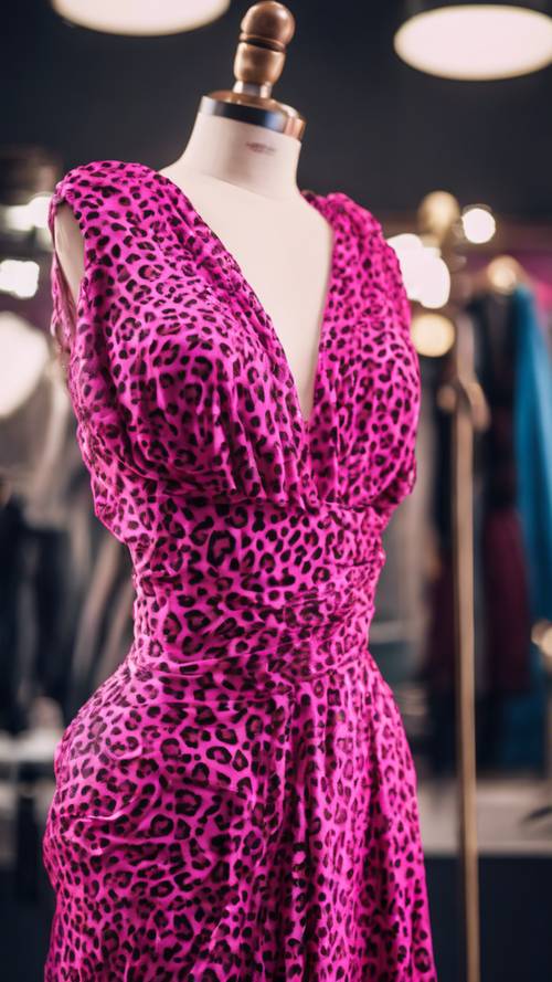 Un glamour abito da festa con stampa ghepardo rosa acceso drappeggiato su un manichino chic.