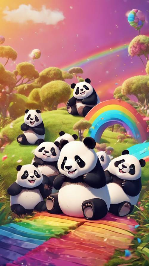 Группа пухлых очаровательных панд скользит по яркой радуге.