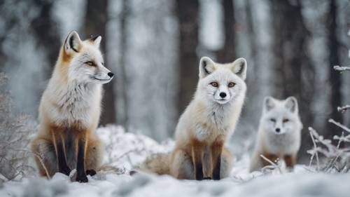 Cichy zimowy las zamieszkany przez bawiące się lisy polarne.