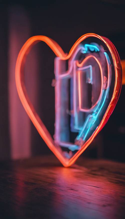 A neon sign in the shape of a heart glowing in the dark. Tapet [d71e5e9688bb4b56aa81]