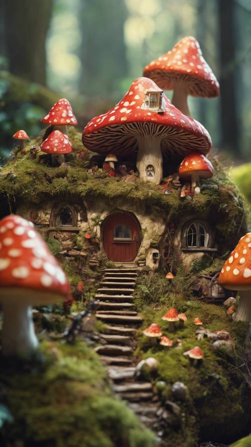 A whimsical fairy village built within the cavity of a giant colourful fly agaric mushroom.