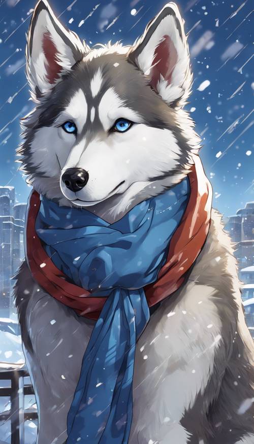 Un cane husky anime che indossa una sciarpa blu, guardando il tempo nevicando.