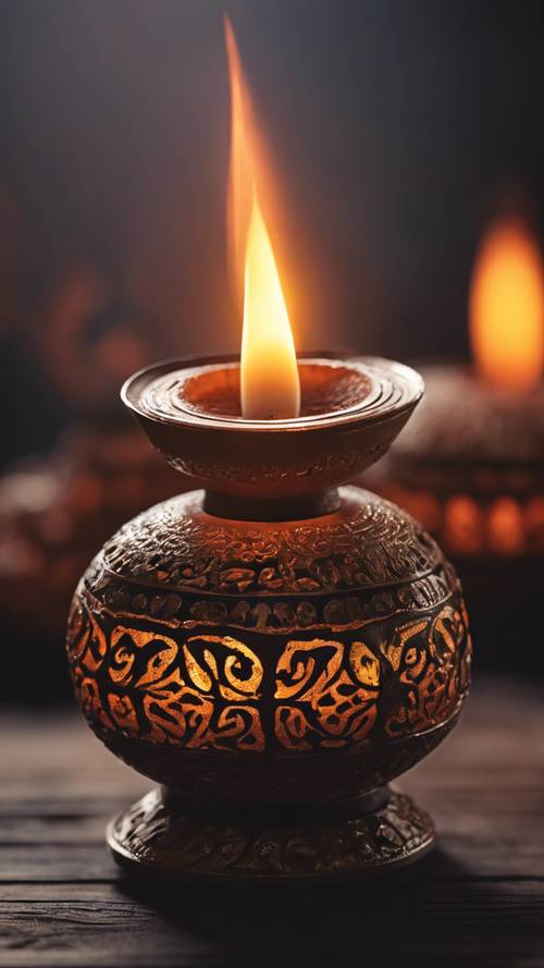 Close up view of a diya oil lamp, with a beautiful flame glowing on the dark background.