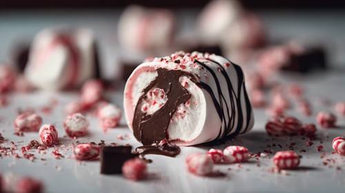 A close-up shot of a marshmallow, half-dipped in melted dark chocolate and rolled in crushed peppermint candies.