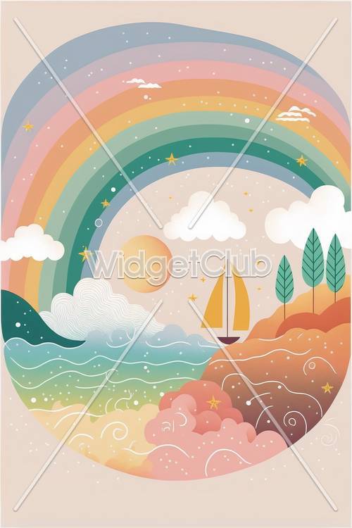 カラフルな海岸の風景　虹と帆船が美しいデザイン