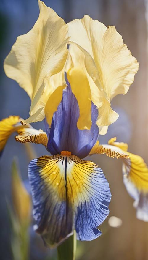 Eine Nahaufnahme einer wunderschönen blauen und gelben Iris, die im Morgenlicht blüht.