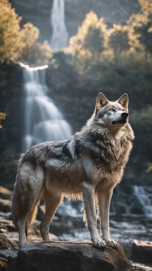 Um lobo mítico de duas cabeças com olhos de pedras preciosas parado perto de uma cachoeira mística.