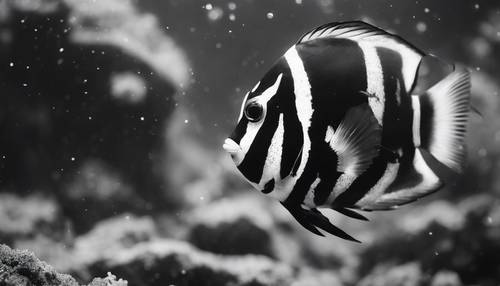 A rare species of black and white tropical fish exploring a shipwreck in the deep sea.