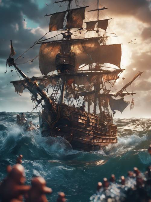 Detaillierte Darstellung einer epischen Piratenschlacht auf hoher See mit mythischen Meeresbewohnern im Anime-Stil.