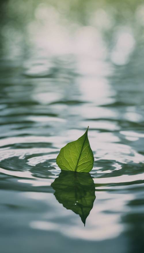一片孤立的灰绿色叶子漂浮在平静的池塘上。