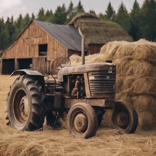 Старый деревянный сарай, переполненный стогами сена, с трактором на переднем плане