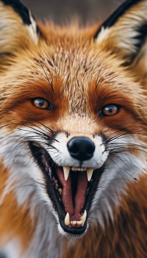 Un primo piano del volto di una feroce volpe rossa con la bocca aperta che rivela denti aguzzi.