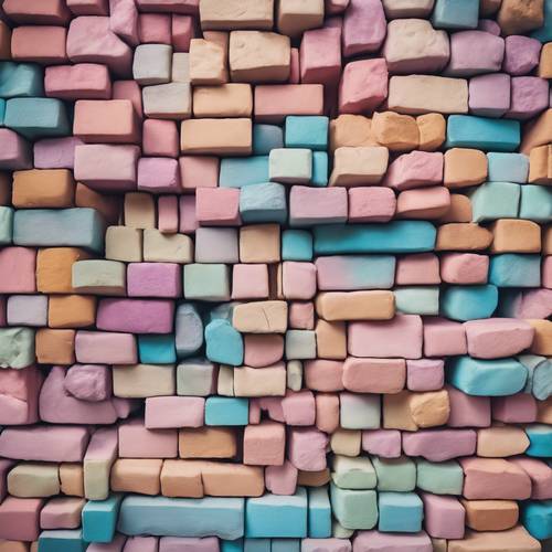 Cacofonia colorida de tijolos pastéis estruturados em um padrão simétrico.