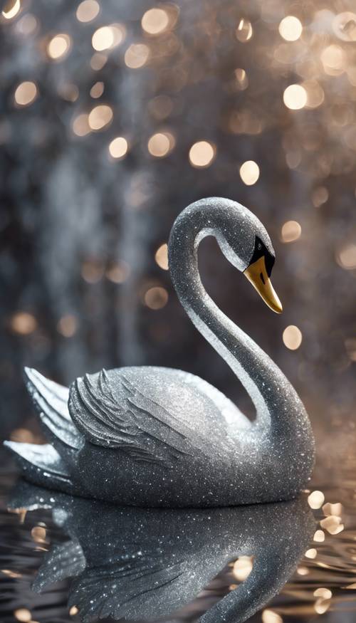 A gleaming, curvaceous sculpture of a swan, adorned entirely with gray glitter.