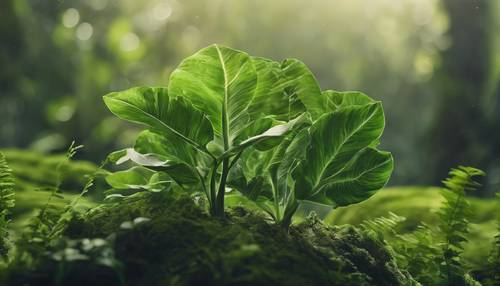 葉の大きな植物が生い茂る緑の惑星