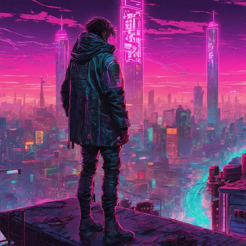 Samotna postać stojąca na krawędzi cyberpunkowego dachu i patrząca na oszałamiającą gamę neonowych świateł miasta.