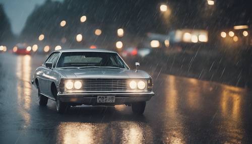 Sleek silver automobile driving along the road on a rainy evening Tapeta [909339cf0fb84ac8a729]