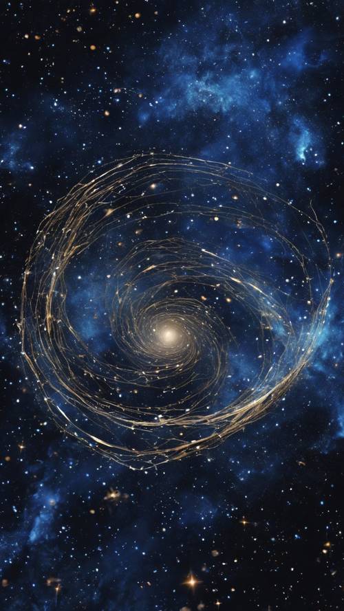 Eine Galaxie mit wirbelnden, geometrischen Konstellationen in Kobalt- und Saphirblautönen vor dem pechschwarzen Weltraum.