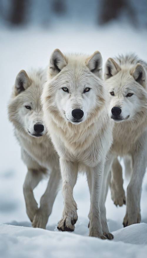 Zdjęcie stada białych wilków poruszającego się razem w arktycznej tundrze.