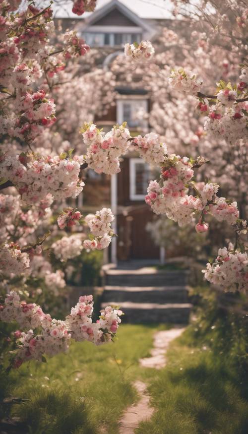 Un jardin de style cottage avec des pommiers roses en pleine floraison, laissant tomber des pommes tout autour.