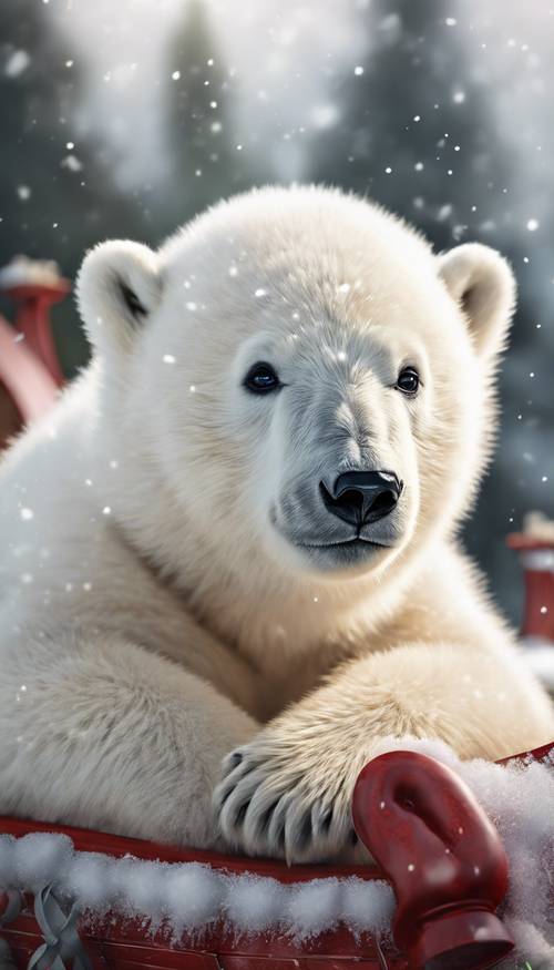 Dibujo realista de un cachorro de oso polar guiñando el ojo, metido en el trineo de Papá Noel.