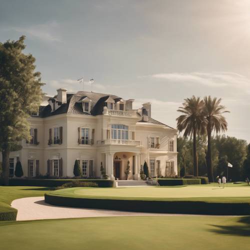 Uma grande mansão formal com fachada de estuque e vista para um campo de golfe bem cuidado repleto de jogadores sob o sol de verão.