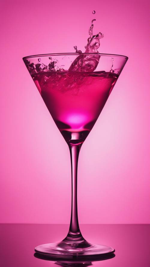 Una copa de cóctel alta e inclinada llena de un líquido viscoso que pasa de un rosa intenso y saturado en la parte inferior a un tono rosado claro en la parte superior.