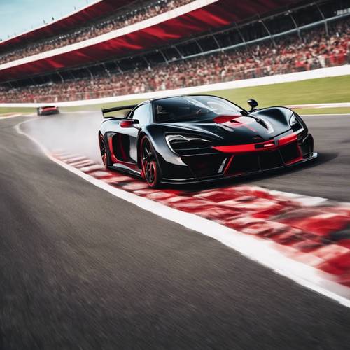 A high-speed action shot of a black sports car with red detailing, taking a sharp corner on a race track.