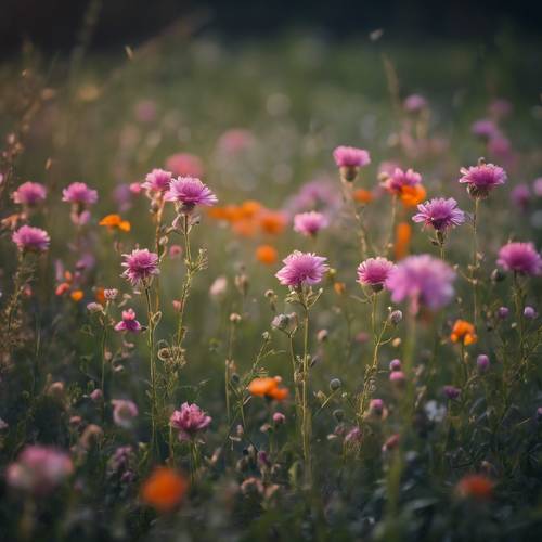 Flores silvestres em um campo verdejante, com toques de luz de velas rosa e laranja que sugerem uma aura invisível.