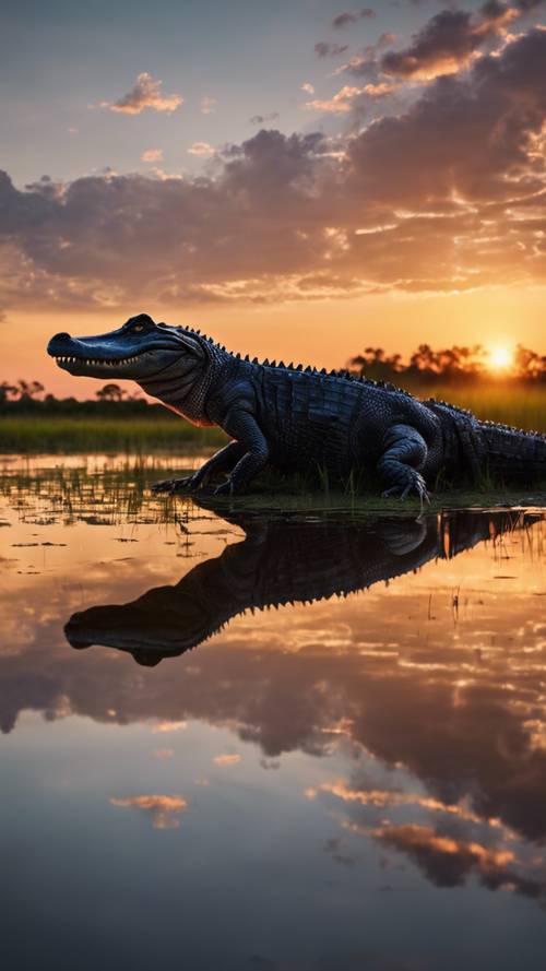 Ön planda bir timsah silüetiyle Florida Everglades üzerinde canlı bir gün batımı.