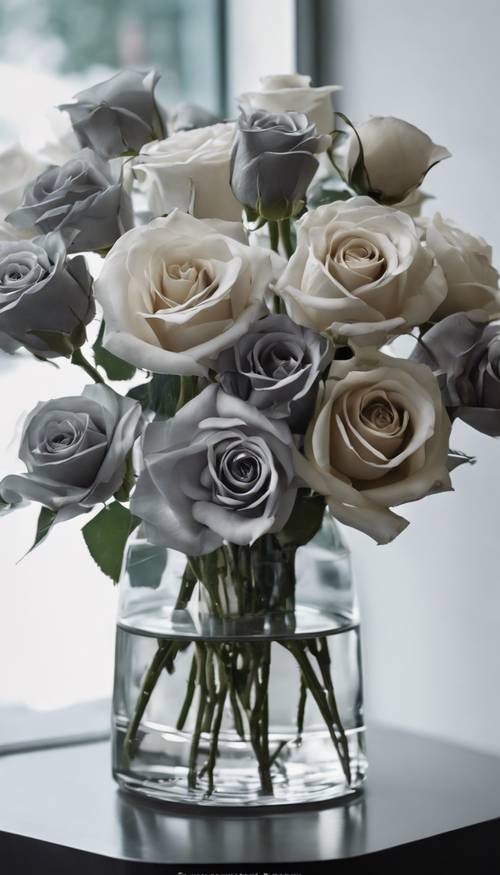A bouquet of various shades of gray roses, arranged in a modern glass vase.