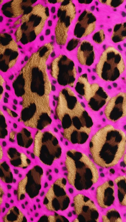 Una vista ravvicinata della pelle di un leopardo caratterizzata da un audace rosa caldo invece della solita base arancione-oro, in contrasto con le esclusive macchie di mogano profondo.