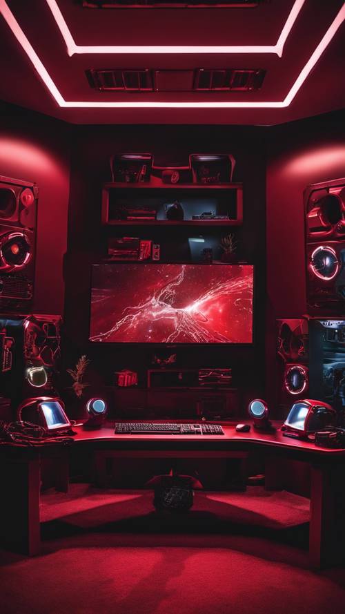 An intense dark red themed gaming room with RGB lighting, showcasing high-end PC and gaming console.