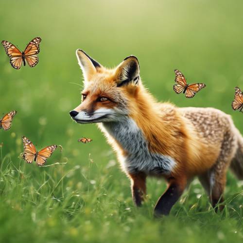 Ein verspielter Fuchs jagt Schmetterlinge auf einem hellgrünen Feld.