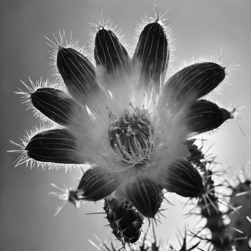 A black and white, time-lapsed image of a blooming cactus flower.