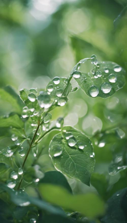 A close-up image of delicate botanicals surrounded by soft green leaves, glistening with dewdrops in the early morning light. Tapeta [d7775349b13c49dbbf83]