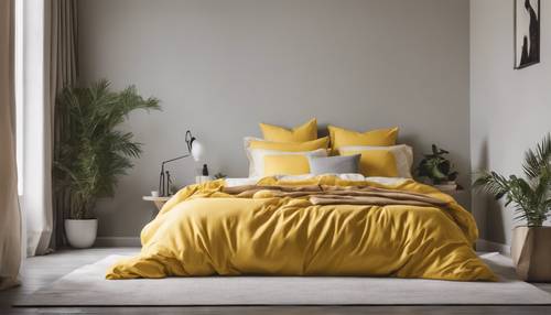 Dekorasi kamar tidur yang jarang dan modern dengan selimut penutup berwarna kuning yang indah di atas tempat tidur yang tertata rapi. Wallpaper [38ed1bcfc72249479440]