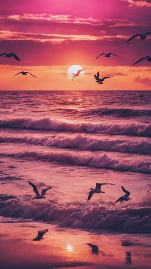 A majestic view of a fuchsia sunset over the ocean, with seagulls flying in the distant sky.