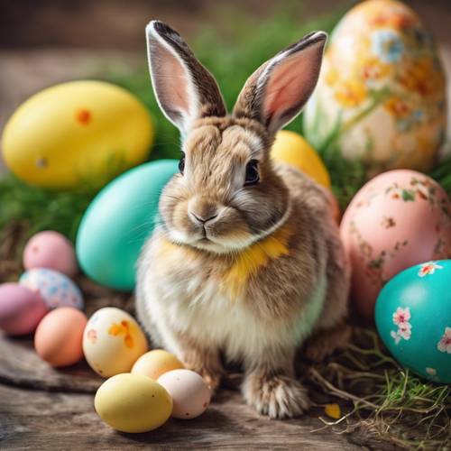 复古的复活节明信片，以可爱的兔子、小鸡和色彩鲜艳的彩蛋为特色。