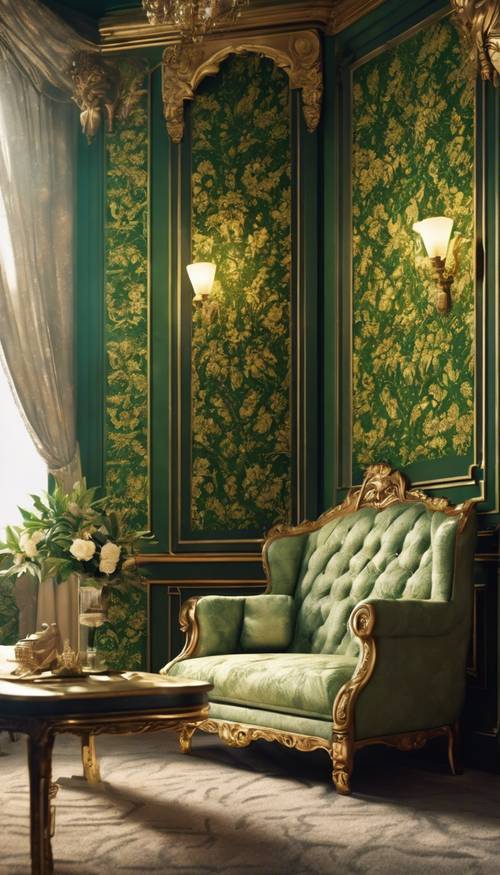녹색과 금색 다마스크 벽지로 장식된 벽을 갖춘 화려하게 장식된 객실입니다.
