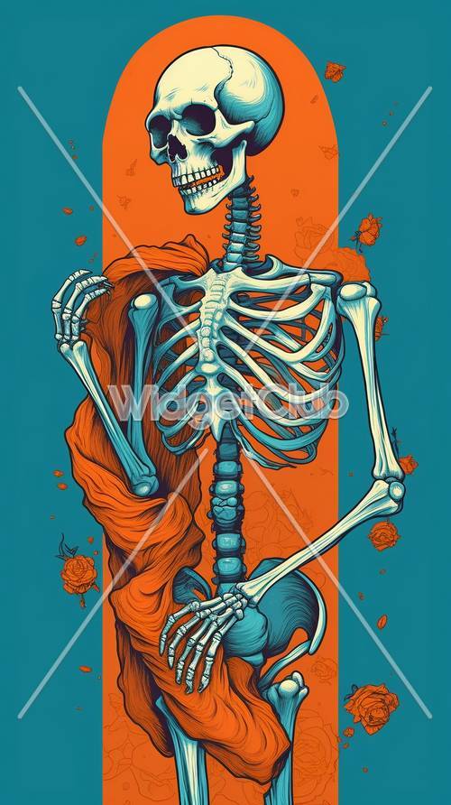 Esqueleto colorido con fondo naranja y azul