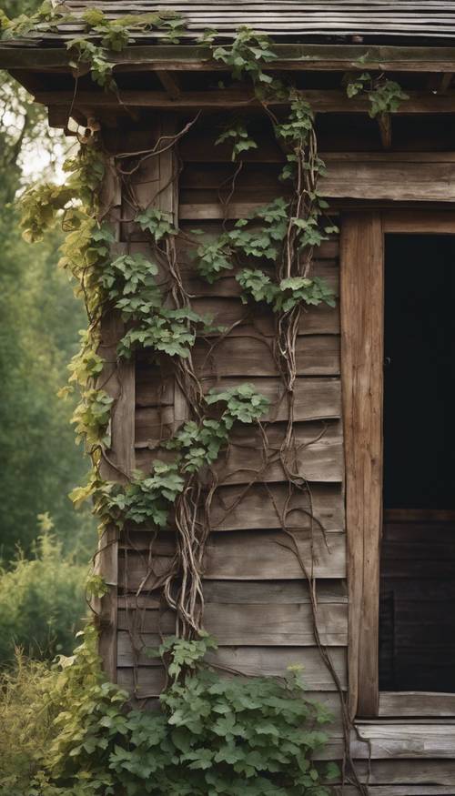 An aged vine climbing up the side of a rustic wooden cottage.
