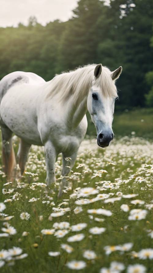 סוס לבן רועה באחו ירוק קריר מנוקד בחינניות.