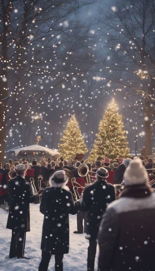 Un concert de Noël à l&#39;ancienne dans le parc avec une fanfare jouant des chants de Noël classiques et de la neige tombant doucement autour.