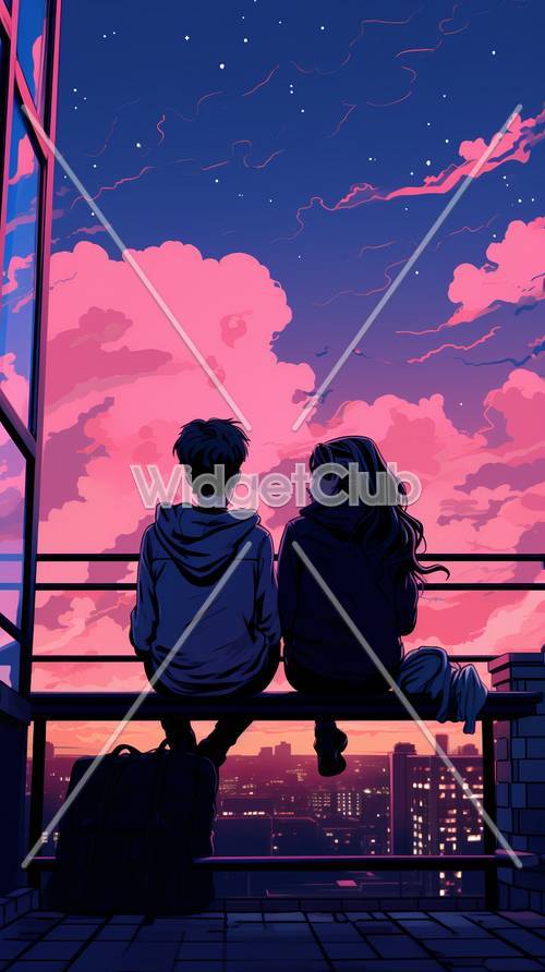 Sonnenuntergangswolken und Anime-Paar-Skyline